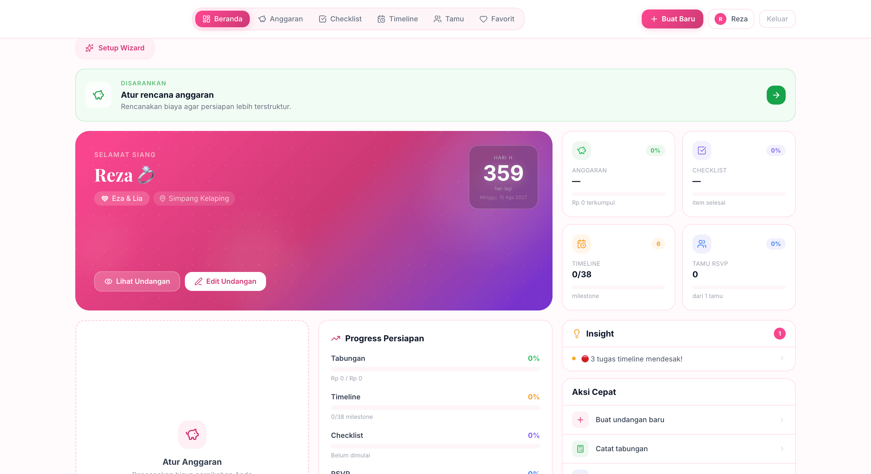 Dashboard Pengguna Yumevite untuk kustomisasi tema dan detail acara pernikahan