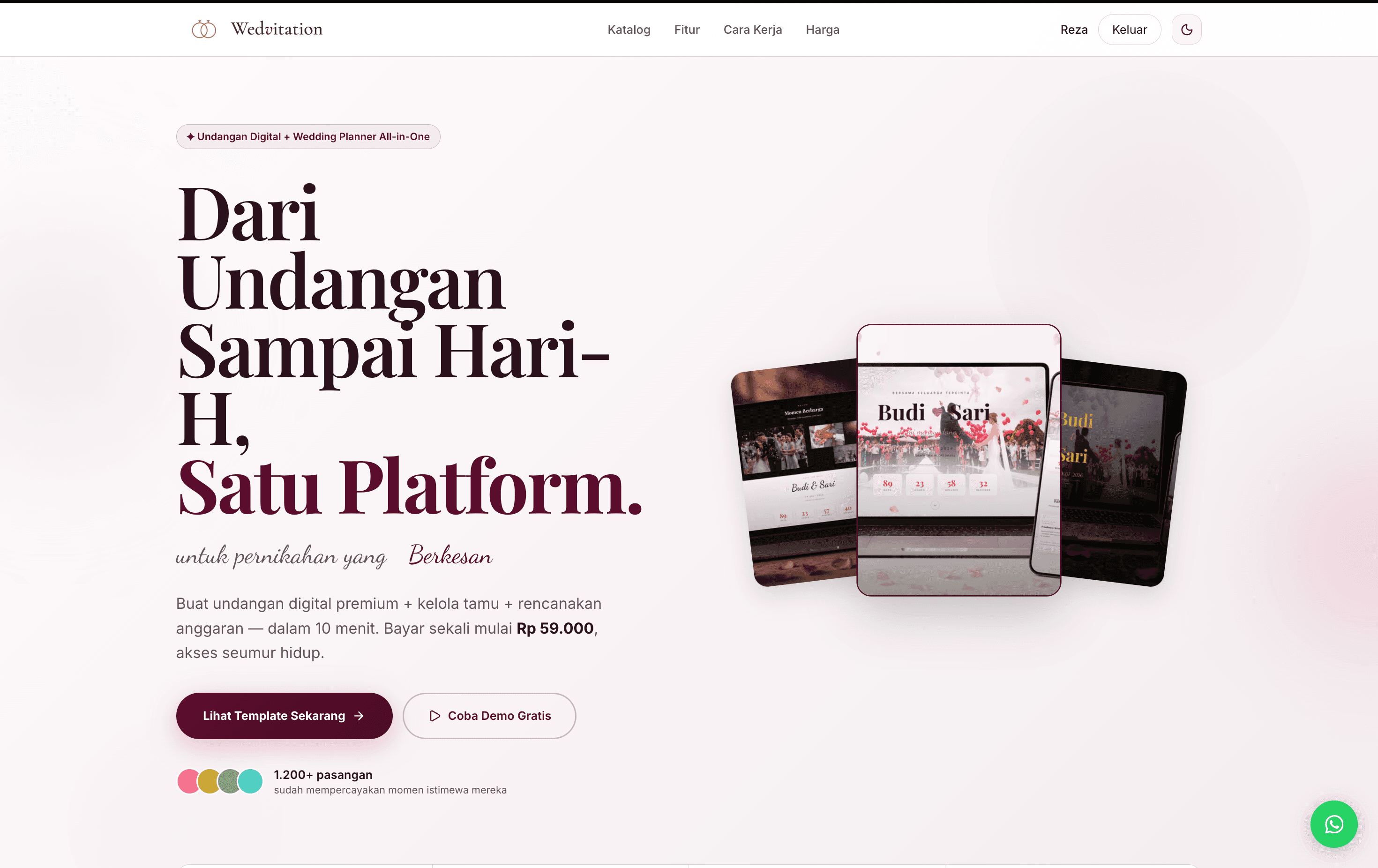 Dasbor wedding organizer — ringkasan acara dan progres persiapan