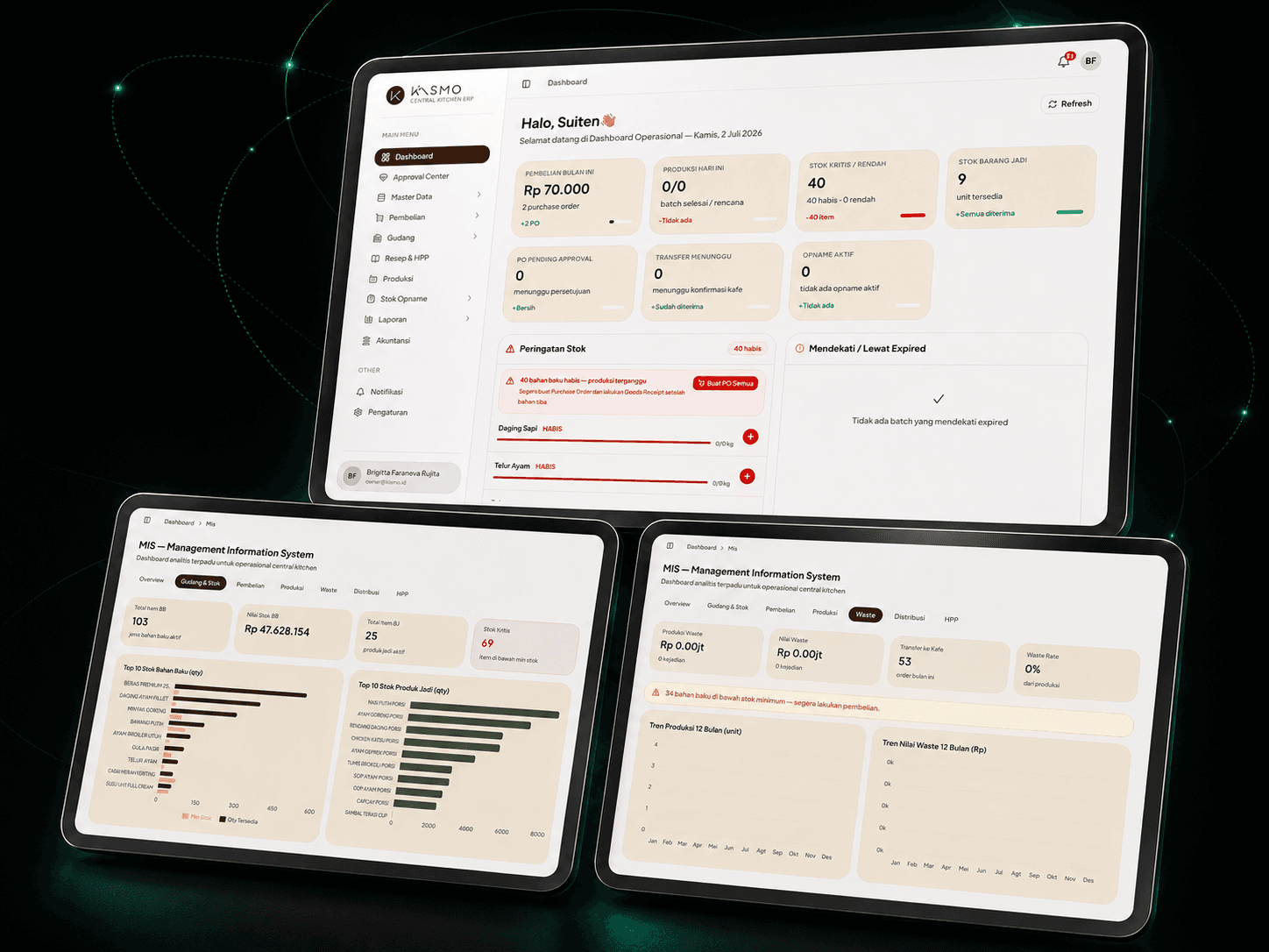 Central Kitchen ERP inventory dashboard showing stock alerts and daily production